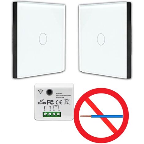Interrupteur sans fil tactile – Kit prêt à poser avec 2 télécommandes murales – Module radio encastrable sans neutre – Design en verre trempé