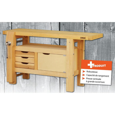 Outifrance – Établi menuisier professionnel 1,50 m – Plateau en bois multiplis 60 mm – Capacité de charge 300 kg – Caisson de rangement 68 L