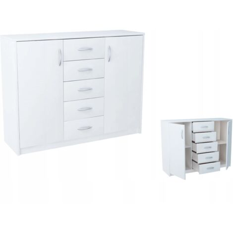 Buffet avec 2 portes et 5 tiroirs Blanc - Meuble de Rangement Style contemporain - 110 x 35 x 85 cm (1/5)