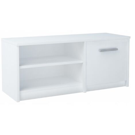 Meuble TV Blanc - Banc TV, Table TV avec porte et 2 étagères - 98 x 35 x 42 cm (1/3)