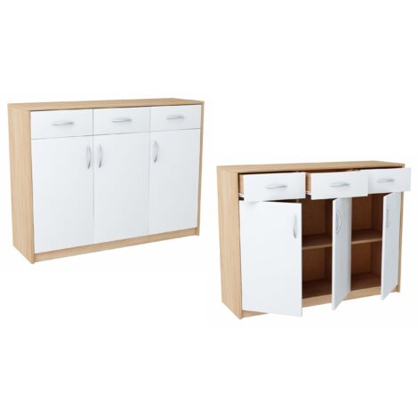 Buffet contemporain blanc-sonoma 3 portes 3 tiroirs – Dimensions 110 x 35 x 85 cm – Panneau épaisseur 16 mm – Tiroirs pour documents A4 (1/5)