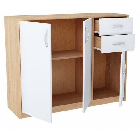Buffet contemporain blanc-Sonoma 3 portes 2 tiroirs – Panneau stratifié 16mm – Dimensions 110 x 35 x 85 cm – Rangement élégant (1/5)