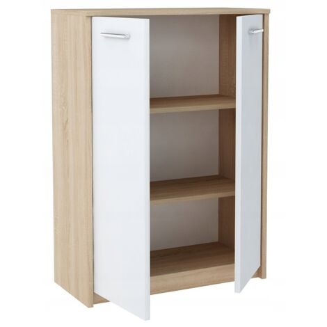 Buffet contemporain blanc et sonoma avec 2 portes – Rangement élégant 77 x 35 x 108 cm – Meuble de rangement moderne (1/3)