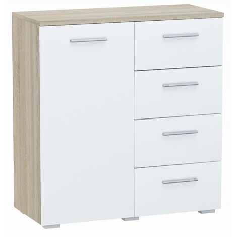 Buffet avec 1 porte et 4 tiroirs Blanc / Sonoma - Meuble de Rangement Style contemporain - 80 x 35 x 84.5 cm (1/2)