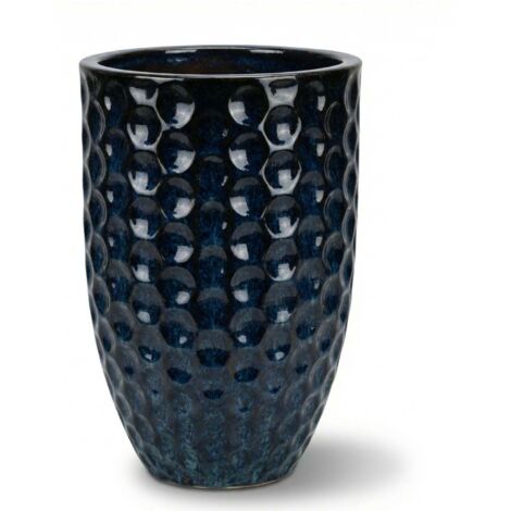 Pot grande taille d'extérieur MEROVEE 23x35cm bleu abysse, fait main en terre cuite émaillée, résistant au gel