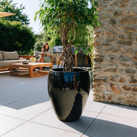 Pot grande taille d'extérieur POSEIDON2 36x43cm noir, fait main en terre cuite émaillée, résistant au gel