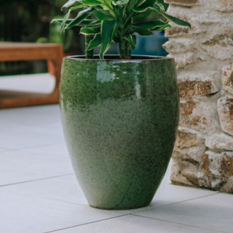 Pot grande taille d'extérieur LAFONTAINE 23x35cm vert tropical, fait main en terre cuite émaillée, résistant au gel
