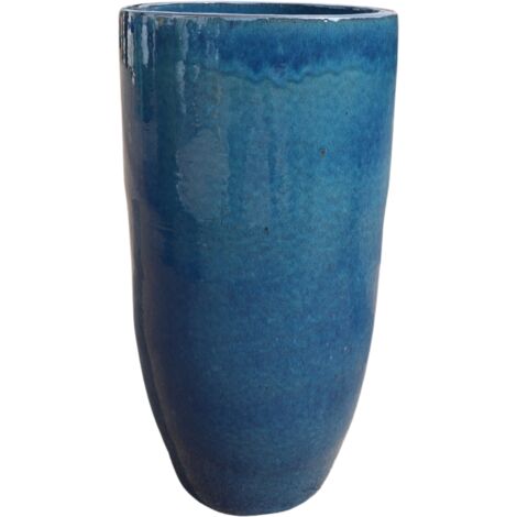 Pot grande taille d'extérieur ATHENA 25x50cm bleu azur, fait main en terre cuite émaillée, résistant au gel