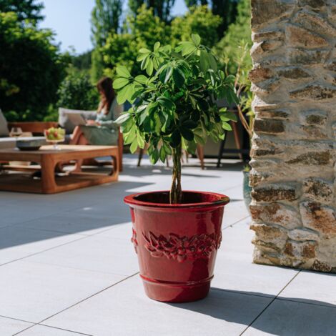 Pot grande taille d'extérieur ROUSSEAU 39x39cm rouge tropical, fait main en terre cuite émaillée, résistant au gel (1/2)