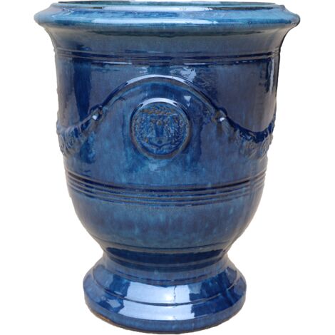 Pot grande taille d'extérieur RICHELIEU 35x42cm bleu azur, fait main en terre cuite émaillée, résistant au gel