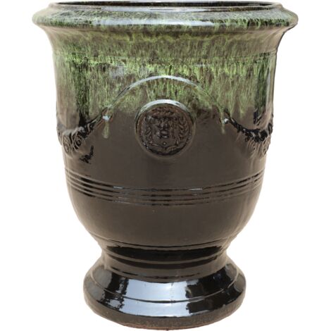 Pot grande taille d'extérieur RICHELIEU 35x42cm vert sur noir, fait main en terre cuite émaillée, résistant au gel