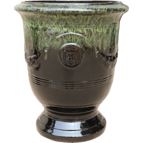 Pot grande taille d'extérieur RICHELIEU 46x56cm vert sur noir, fait main en terre cuite émaillée, résistant au gel