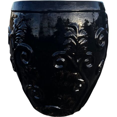Pot grande taille d'extérieur GAIA 53x57cm noir, fait main en terre cuite émaillée, résistant au gel