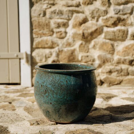 Pot grande taille d'extérieur NEWTON 21x23cm bleu acier, fait main en terre cuite émaillée, résistant au gel