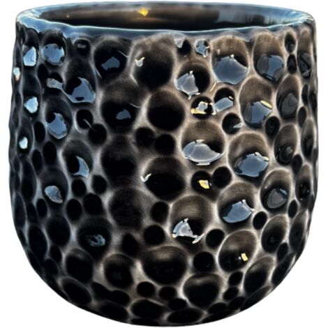 Pot grande taille d'extérieur PARISETTE 12x10cm gris noir, fait main en terre cuite émaillée