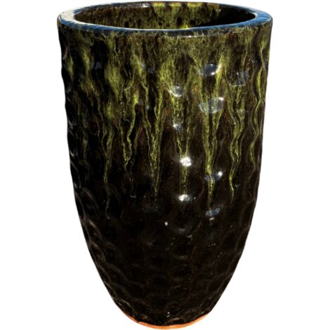 Pot grande taille d'extérieur MEROVEE 23x35cm vert sur noir, fait main en terre cuite émaillée, résistant au gel