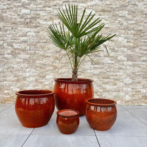 Pot grande taille d'extérieur NEWTON 21x23cm orange tropical, fait main en terre cuite émaillée, résistant au gel