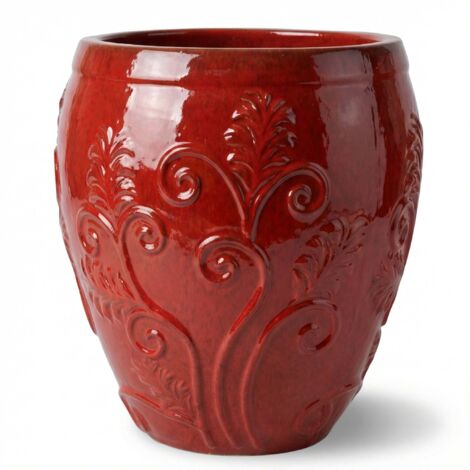 Pot grande taille d'extérieur GAIA 75x78cm rouge tropical, fait main en terre cuite émaillée, résistant au gel