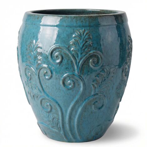 Pot grande taille d'extérieur GAIA 75x78cm bleu acier, fait main en terre cuite émaillée, résistant au gel (1/5)