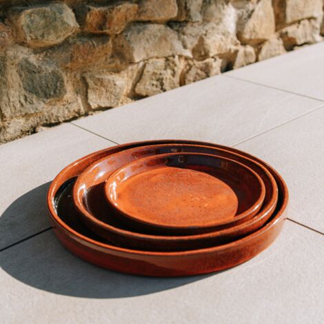 Soucoupe ronde 24cm orange tropical faite à la main en terre cuite émaillée