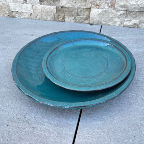 Soucoupe 25cm bleu pétrole faite à la main en terre cuite émaillée (1/4)