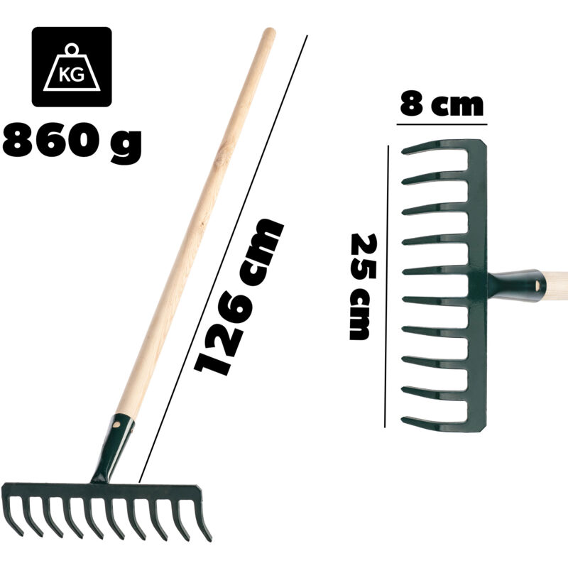 Rechen realizzato in metallo, rastrello piatto con stelo in legno, scope a foglia per giardino, letto, ginocchia, rastrello da prato, verde, unità da giardino, eurechen, utensile da giardino(12 denti