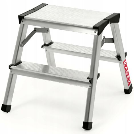 Sgabello con gradino in alluminio KADAX con gradini antiscivolo e design pieghevole per riporlo e trasportarlo facilmente, scala leggera (2 gradini)
