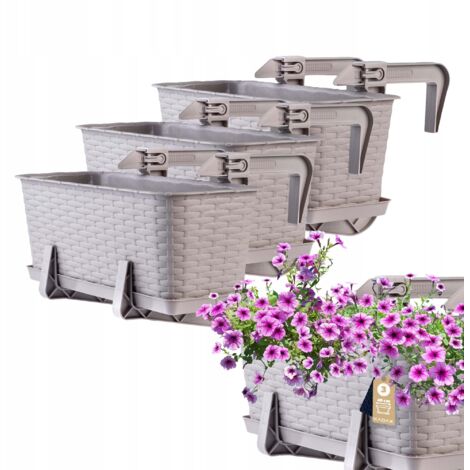 Vaso per fiori con supporto, per balcone, effetto 3D, con sottovaso, bianco, taglia XXL
