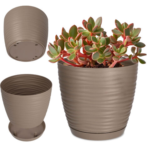 KADAX Vaso da Fiori in plastica con sottovaso, Vaso per Piante Moderno Decorato con un Elegante Motivo Ondulato per la Decorazione Floreale (Rotondo, Beige, 15 cm)