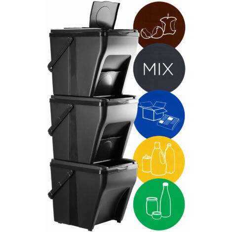 Contenitori per la raccolta differenziata KADAX per la raccolta e il riciclaggio dei rifiuti domestici, sistema di separazione dei rifiuti impilabile (3 x 25 litri, nero)