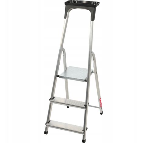 KADAX Escalera doméstica de aluminio, 3 peldaños, estante plegable, 125 kg, producto polaco (1/5)
