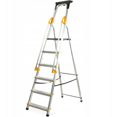 KADAX Escalera doméstica de aluminio, 6 peldaños, plegable, con pasamanos, producto polaco