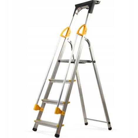 KADAX Escalera doméstica de aluminio, 4 peldaños, con pasamanos, gancho libre, producto polaco (1/5)