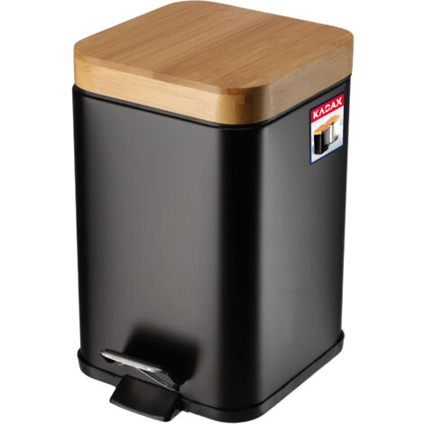 KADAX Papelera de baño de acero con tapa de bambú, pedal y cubo interior extraíble, pequeño cubo de basura práctico e higiénico (3 L, negro) (1/5)