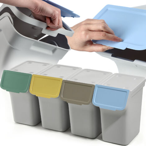 KADAX Cubo de basura con tapa, cubo de basura de plástico, para clasificar residuos, rectangular, con tapa abatible (gris, 4 x 20 l)