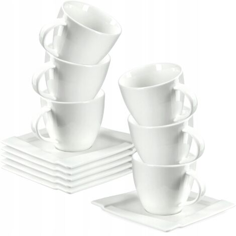 KADAX Juego de 6 tazas de café de porcelana y 6 platillos - 220 ml - con platillo - tazas de café de paredes gruesas (blanco) (1/5)