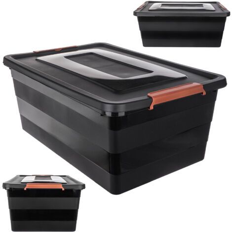 KADAX Caja de almacenamiento con tapa, caja para juguetes, recipiente de plástico resistente con cierre de clic, negro, 40 l (1/5)