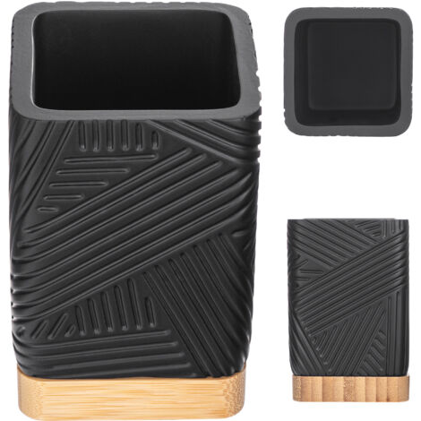 KADAX Vaso de baño para cepillos de dientes, recipiente negro, organizador cuadrado de bambú (1/5)