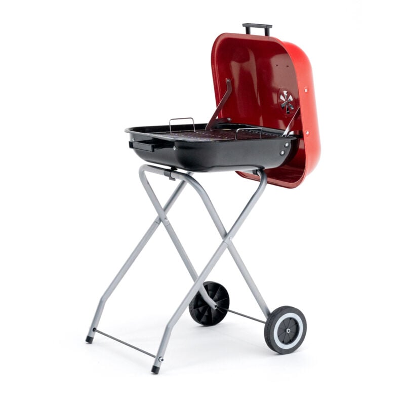 Barbacoa De Plegable en acero con ruedas kekai flathead 50x47x79 cm forma cuadrada color esmaltado rojo para facilitar el transporte ocupa