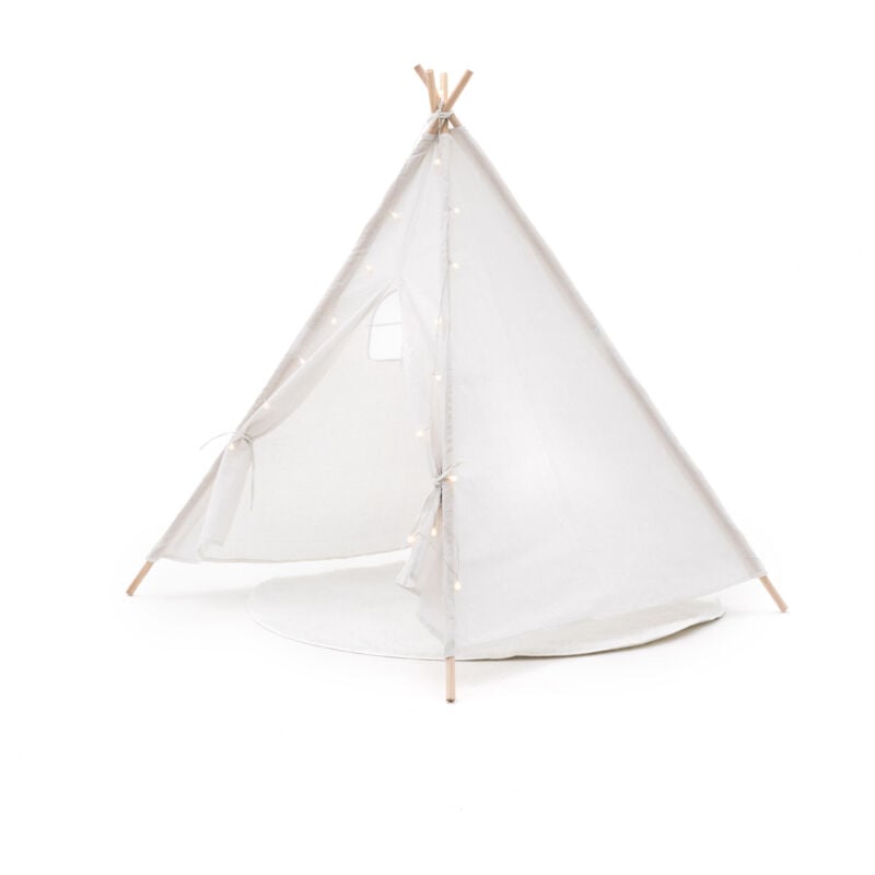 Tipi Infantil Montesori robincool koda 120x120x150 cm plegable uso interior y exterior fabricado en tela blanca luces alfombra roto con tira de