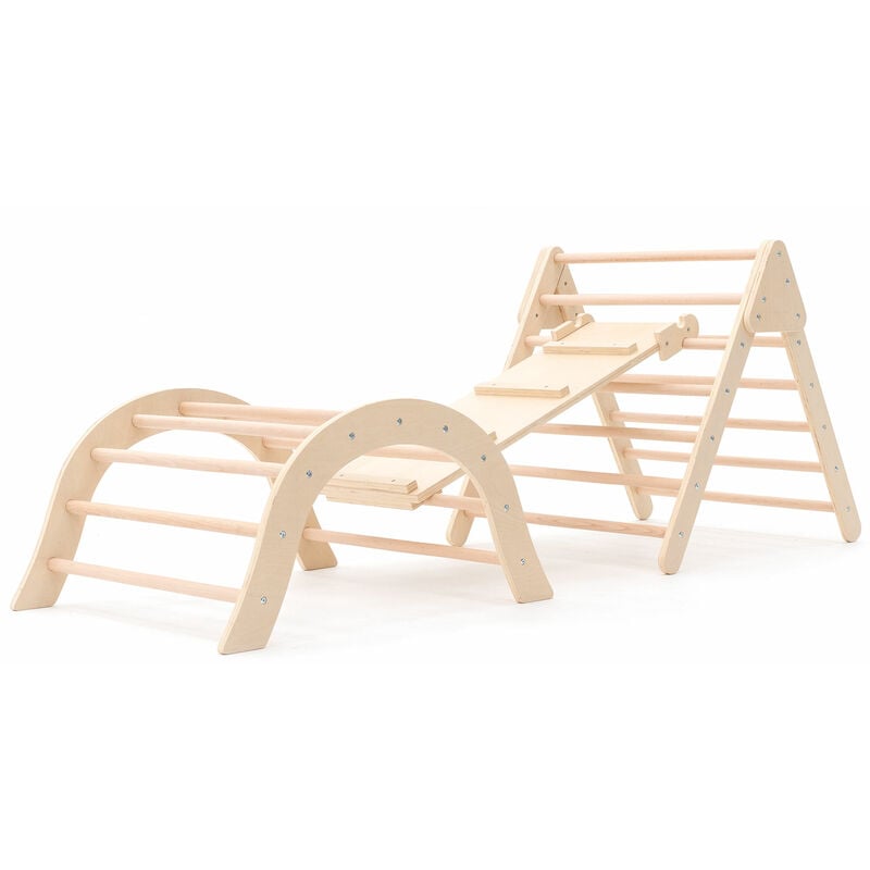 Gimnasio de Bebé Montessori Método Pikler Robincool Climb 66x84,5x73,2 cm de Madera Ecológica con Arco de Escalada y Tobogán