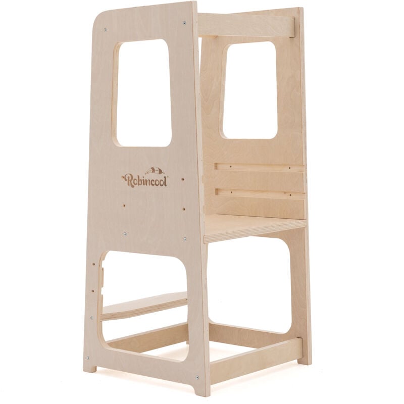 Torre De Aprendizaje montessori robincool evolutive 40x44x90 cm madera eco con altura regulable y barra seguridad que