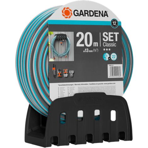 GARDENA Set de manguera de riego jardín 20 m Classic de 13 mm (1/2"), lanza de riego, soporte de pared y accesorios de riego (18005-20)
