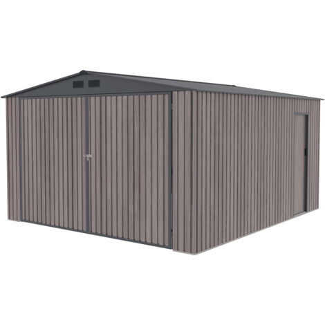 Garaje Metálico Gardiun Surrey 15,96 m2 380x420x232 cm 1 Coche Doble Puerta Abatible, Puerta Lateral y Respiraderos Efecto Madera