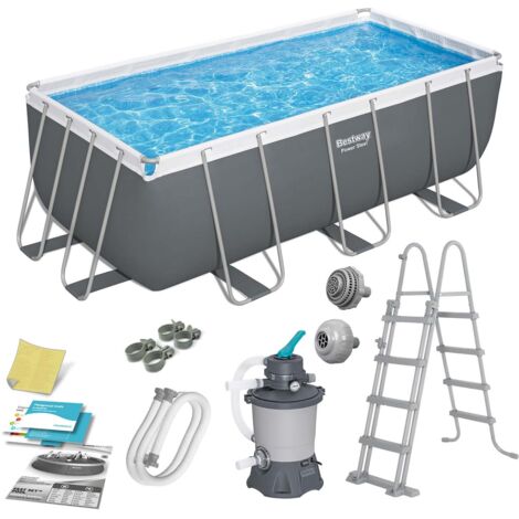 Piscina Tubular Rectangular Bestway Power Steel 412x201x122 cm con Depuradora de Arena Escalera y Dispensador Químico Color Gris