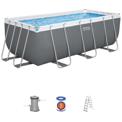 Piscina Tubular Rectangular Bestway Power Steel 412x201x122 cm Depuradora de Cartucho, Escalera y Dispensador Químico Color Gris