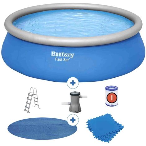 Piscina Desmontable Autoportante Bestway Fast Set Ø457x122 cm Depuradora de Cartucho de 3.028 L/H, Cobertor Solar, Escalera y Tapiz Protector de Suelo