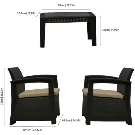 Conjunto de Jardín Chillvert Perugia Resina 2 Sofás + 1 Mesa Marrón