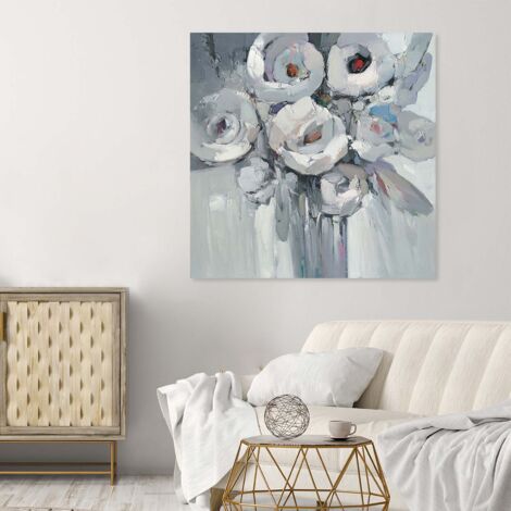 Cuadro Abstracto Kuatéh 100 x 100 cm Flores Blanco y Negro Óleo sobre Lienzo