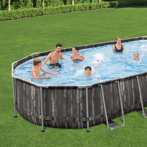 Piscina Desmontable Tubular Bestway Power Steel Oval Diseño Madera 732x366x122 cm con Depuradora Cartucho 9.463 L/H con Cobertor y Escalera